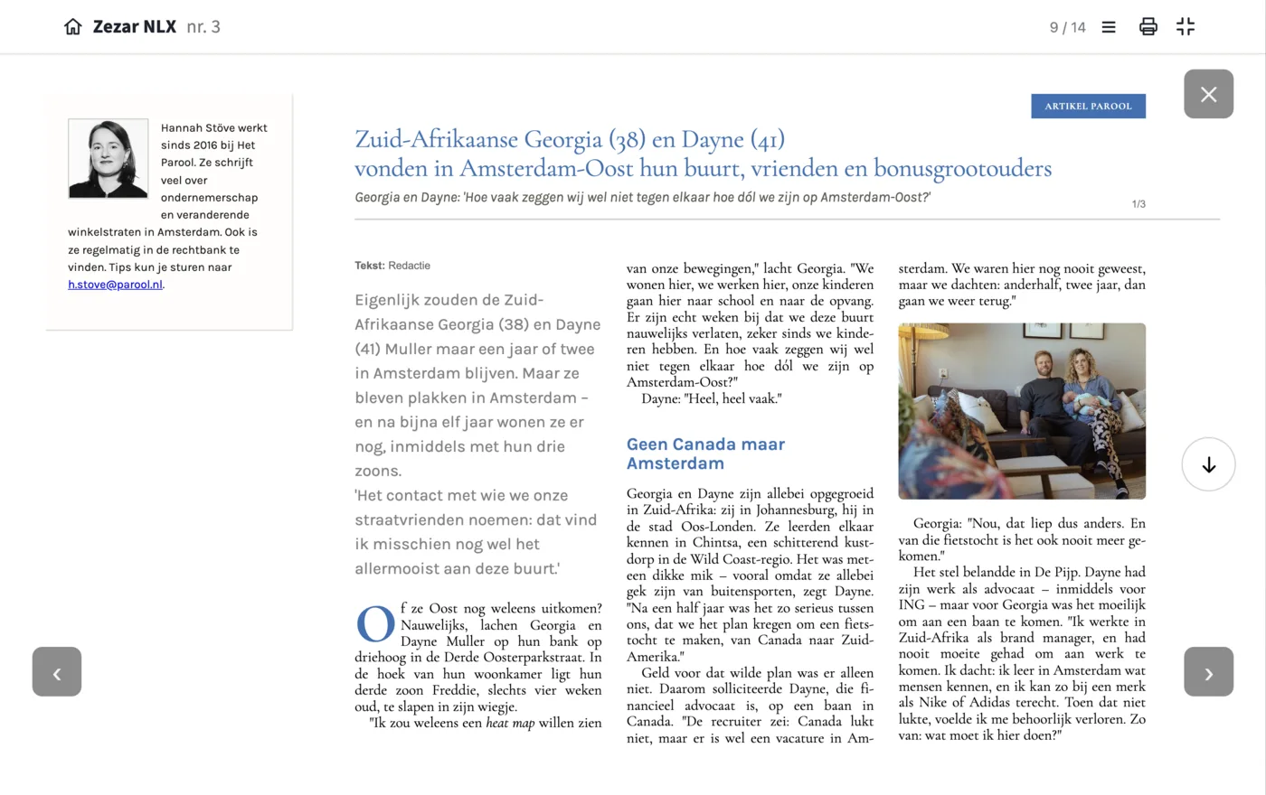 Eerste pagina van een NLX-artikel met kop, intro en bio-kader