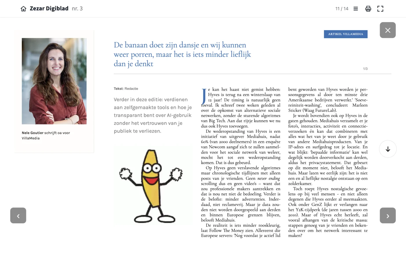 Digiblad-artikel op desktop: bio-kader, kop, intro en tekst in twee kolommen