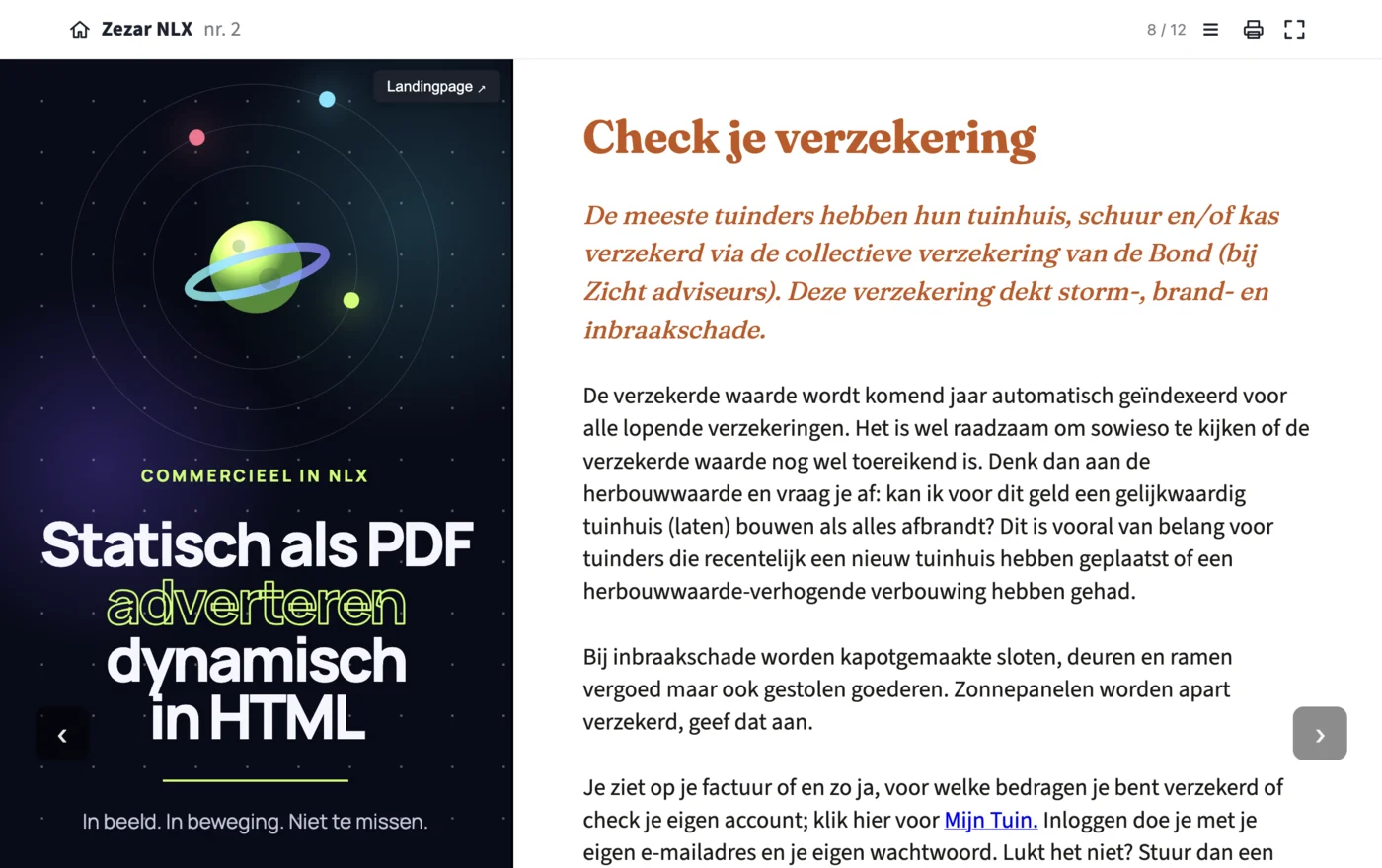 Spread in een NLX: advertentie in HTML links, bericht rechts